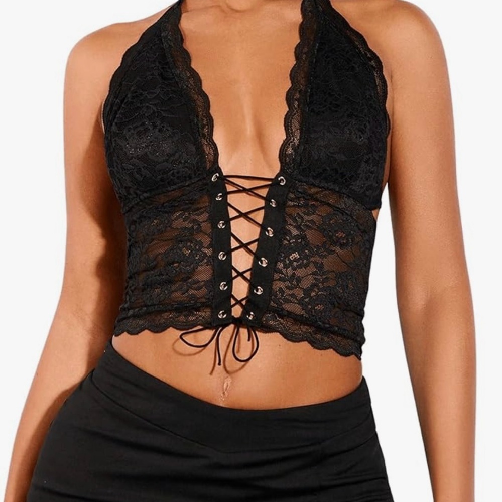 BEAUDRM Women's Sexy Lace Corset Top Halter Backless Tie Tank
